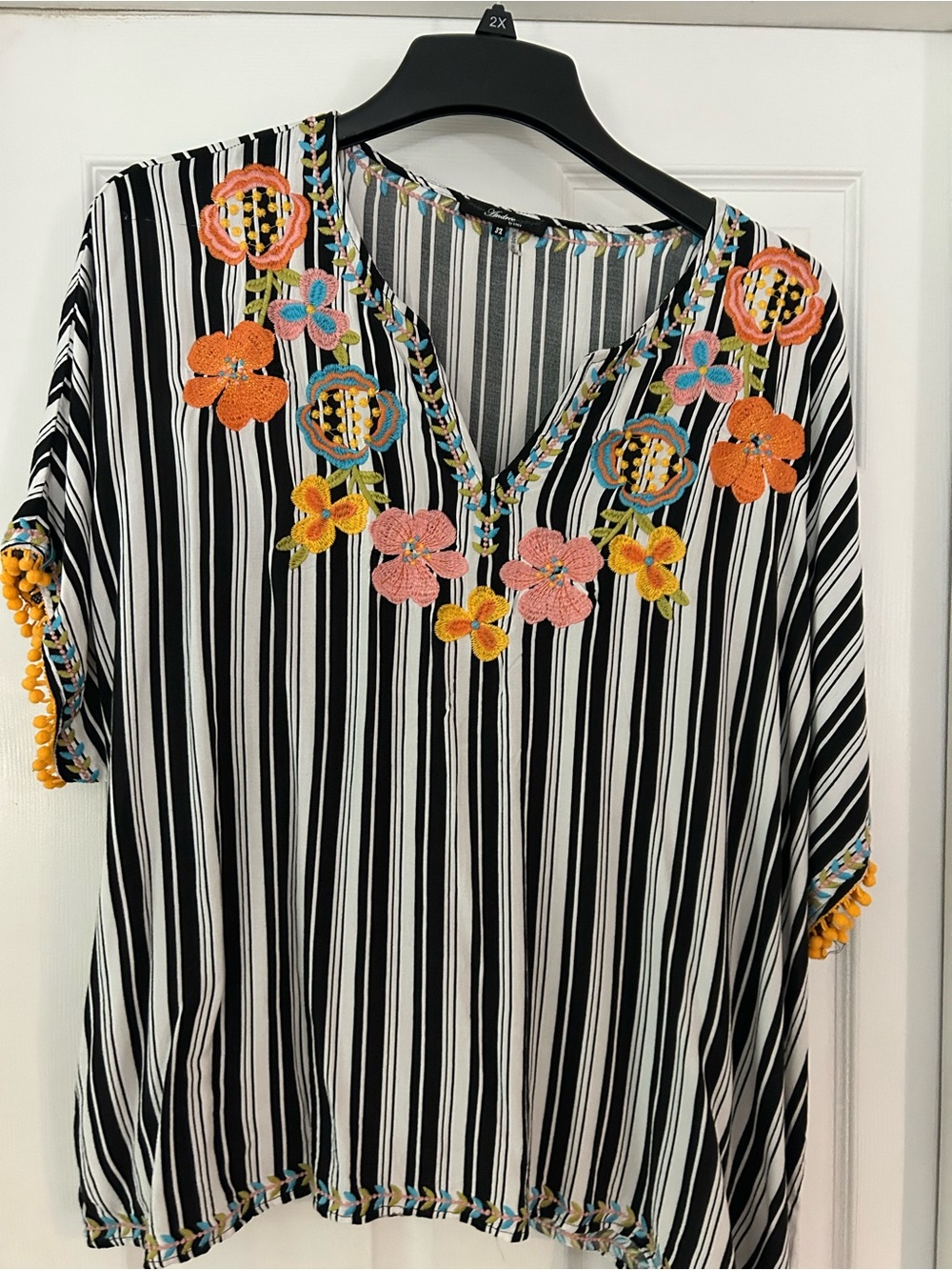 Chic Soul Black & White Striped Embroidered V-Neck Blouse